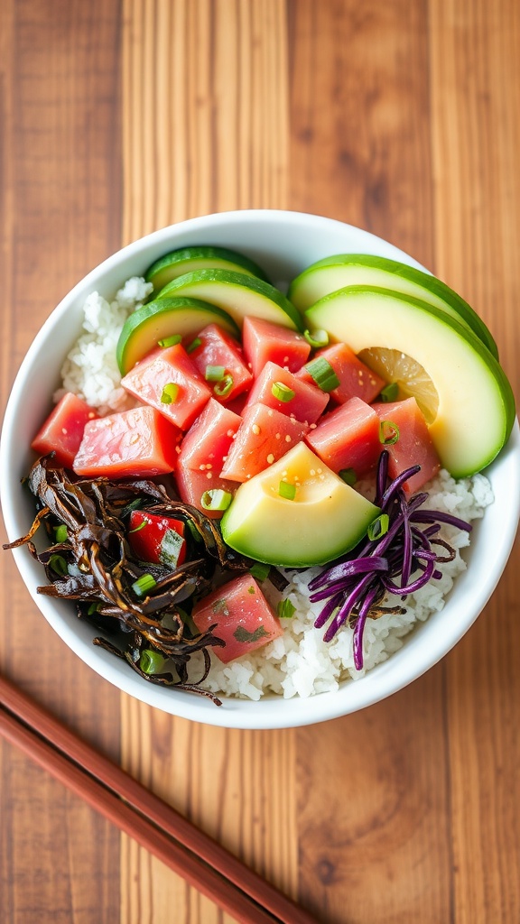 A colorful Tuna Poke Bowl with sushi rice, marinated tuna, avocado, cucumber, and seaweed salad, garnished with sesame seeds and green onions.